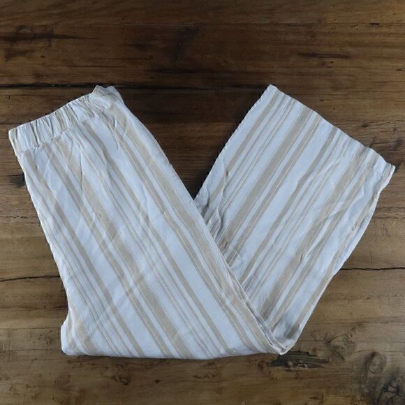 LOFT TAN & WHITE WIDE LEG LINEN PANTS WITH POCKETS SIZE MEDIUM - Picture 1 of 8